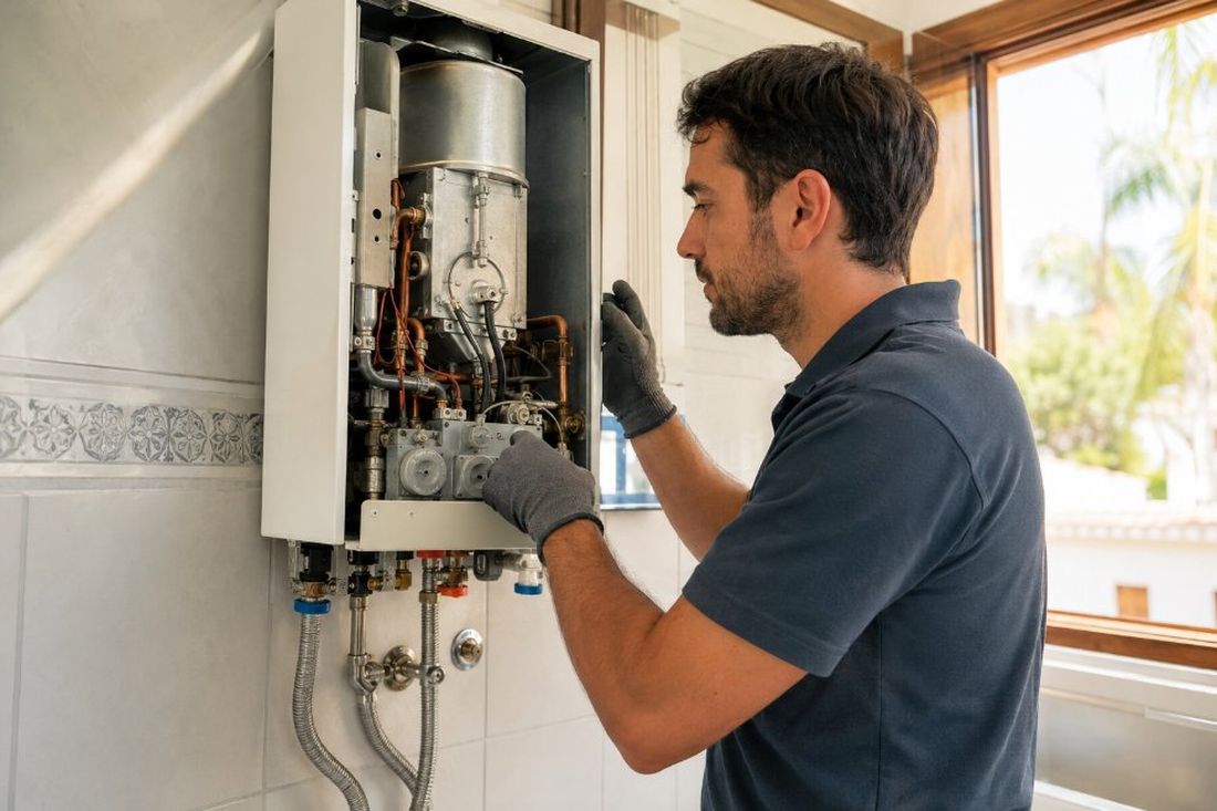 Técnico revisando un calentador de gas mural en una vivienda